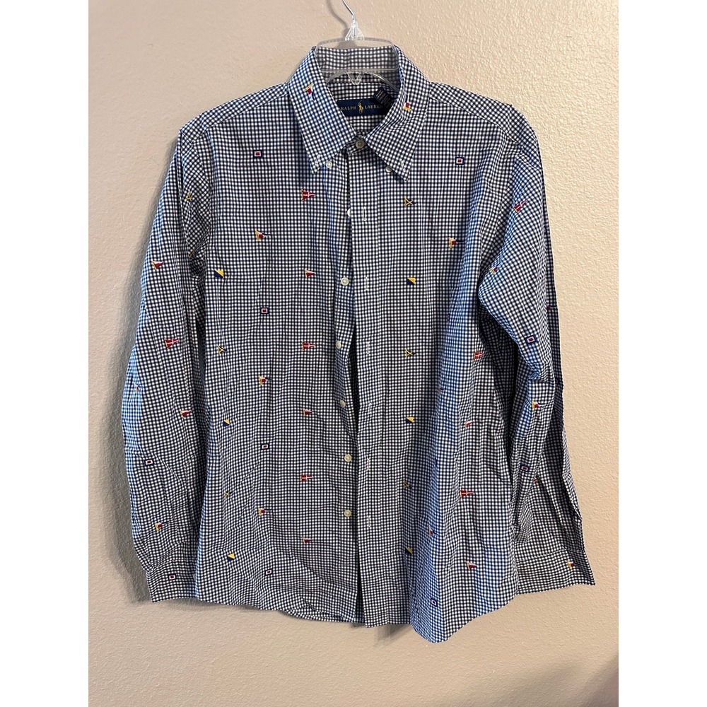 Ralph Lauren Nautical Gingham Check Button Down‎ Shirt, Sailing Flags, Preppy